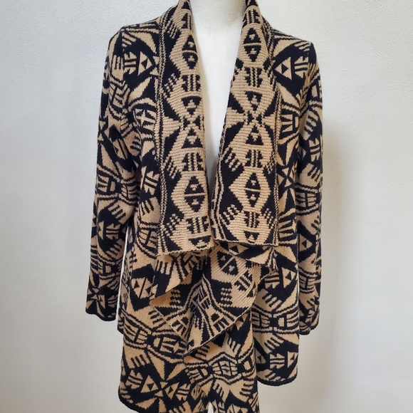 Forever 21 tan black waterfall cardigan sweater tribal print boho size medium - Picture 4 of 16
